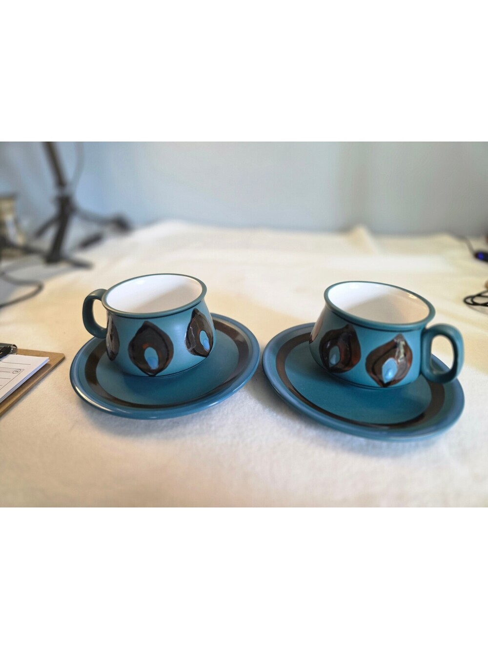 Vintage Jonas Roberts Stoneware Teal Blue Cup Saucer Set of 2 Mid Century